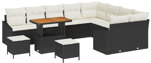 vidaXL Trädgårdsoffset med kudde med lagring 12 pcs Svart och kräm, Trädgård och terrassset, modern rattansoffa, lätt utomhuscouch, UV-skydd, förvaring, lounge