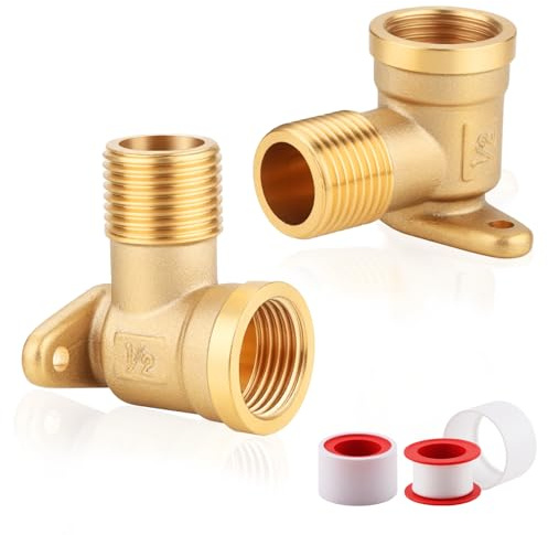 TXXATX 1/2 Zoll Wandscheibe 2 Stück Gewinde Fitting 1/2 IG x AG Wanddose Messing Bogen 1/2 Zoll Winkel 90 Grad Wandwinkel Verteiler mit 2 Dichtband für Reparatur Fitting Teile Wasser Wandanschluss