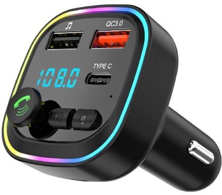 1Pcs Transmetteur FM Bluetooth, Transmetteur Adaptateur Bluetooth pour Voiture, Kit MP3 sans Fil à Charge Rapide QC3.0, 2 Ports USB et 1 Port Type-C, Support Carte TF/USB, Appels Mains Libres