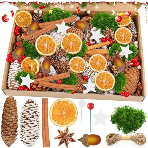 SACBRZZ 117 Pezzi Potpourri Natalizio, Decorazioni Corona Avvento,Naturali Pigne Decorative Natalizie,Arance Essiccate Decorative Anice Stellato,Bastoncini Cannella Corona Avvento Fai Da Te