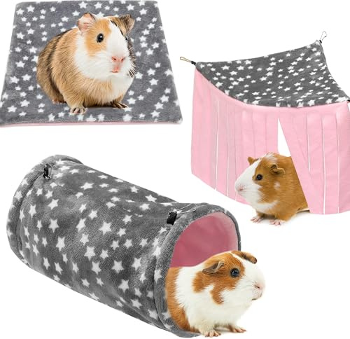 JVVGPET Guinea Pig Hideout, 3 Pack Soft Fleece Small Animal Tunnel Tube & Mat & Corner Hideout Cage Accessories for Guinea Pigs, Rabbit, Ferret, Chinchilla, Hedgehogs