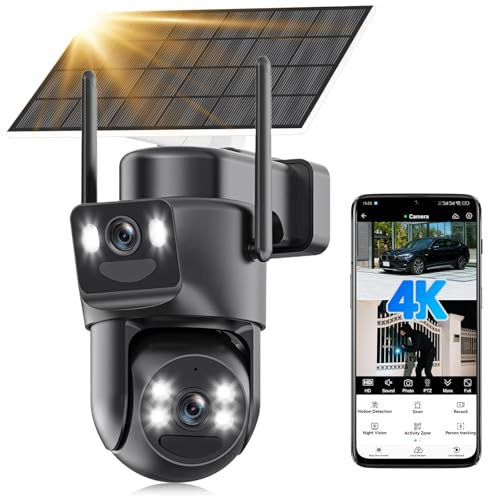 4K Solar Security Camera Outdoor Wireless, 5GHz/2.4GHz WiFi 360° PTZ Security Camera for Home with Dual Lens, Human Detection, Auto Tracking, Siren, Color Night Vision, IP66