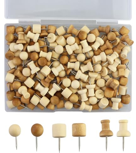 162 Reißnägel aus Holz, 6 Stile, Nägel aus Stahl für Korkplatte, Pinnnadel, Holzkopf, Reißzwecke mit Aufbewahrungsbox, Reißzwecken für Pinnwand, Korktafel, Karte