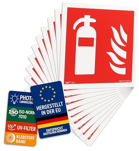notlok Safety Work 10x Feuerlöscher Schild 15x15 cm klebend & nachleuchtend | Wetterfeste - für Innen & Außen, nach DIN 7010, Selbstklebend Schild Feuerlöscher aus Polystyrol, Brandschutz Piktogramme