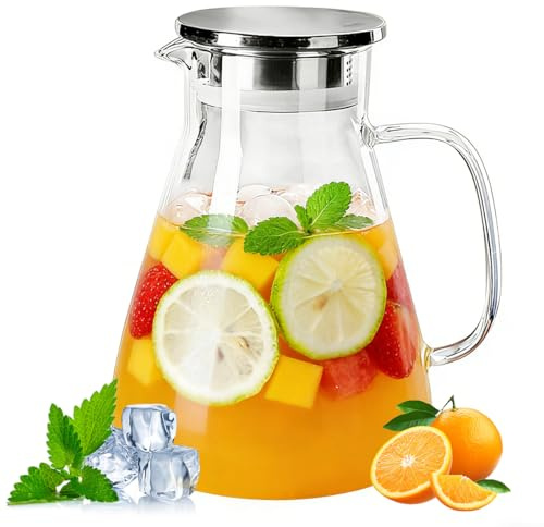 Teekanne Glas 1700 ml, Glaskaraffe mit Deckel, Teekanne mit Edelstahlsieb, Karaffe mit Deckel für heiße und kalte Getränke, Wasserkaraffe für Hausgemachte Getränke, Milch, Wein, Saft