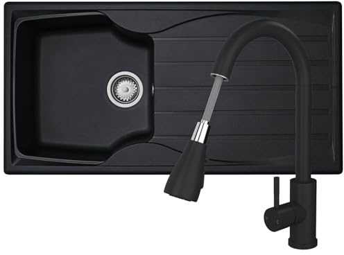 Liquida CMP10BL 1.0 Bowl Reversible Black Kitchen Sink and KPO11MB Black Tap