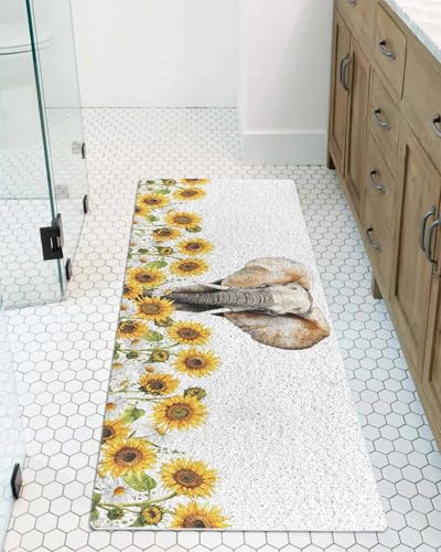 Farmhouses Shower Mat Non Slip Bathtub Mat Elephants and Sunflowers Daisy Floral Vintage Bath Mat Soft Loofah Shower Mats for Shower Tub Bathroom Quick Drying Foot Mat, 16x47 Inch