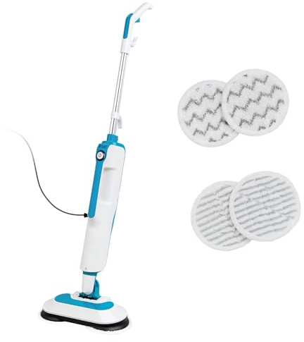 Russell Hobbs Floor Polisher and Steam Mop in Teal & White with 30-Second Heat-up Time, 380ml Tank, 1.5kW, 7M Cord, 4x Washable Pads & Wall Mounting Kit, Anti-Scale Filter, RHSFP7001