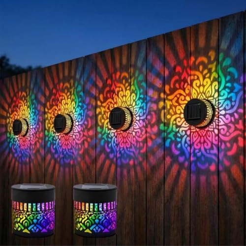 Solar Mandala Wall Lights, Seven-Color Changing Decorative Solar Mandala Projection Lamp, Solar-Powered Outdoor Lights, Outdoor Garden Fence Projector Lights for Yard Garden Patio Backyard (2Pc)