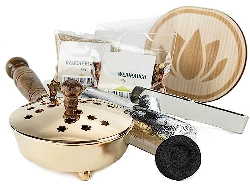 Räucherpfanne Set 6 teilig - Räuchergefäß zum Räuchern von Weihrauch, Harzen, inkl. Weihrauch, Räucherkohle, Räuchersand, Räucherzange
