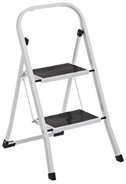 LOLAhome Escalera Varios Peldaños,Plegable Antideslizante,Asa Superior,Sistema de Seguridad,Peldaños y Tapas Antideslizantes,Capacidad 150 kg,Blanca o Negra de Acero (Blanco, 2 Peldaños - 82 cm)