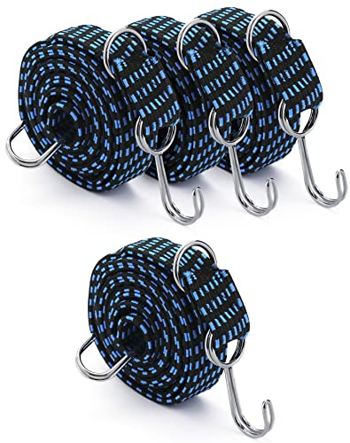 QWORK® 4 Stück 200 cm Verstellbares Gummiband Mit Haken, Verstellbare Bänder Mit Haken, Gummispanner Mit Haken, Für Fahrräder, Motorräder, Blau