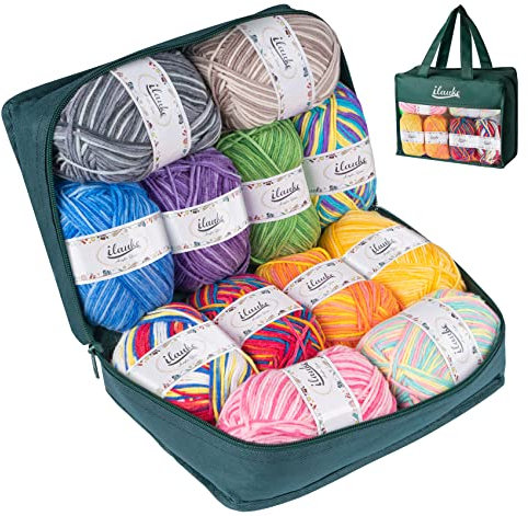 ilauke 12 Verschiedenen Farben Acrylgarn, 600g (12x50g) 4-Fädig 1200m Handstrickgarn Acryl Wolle zum Häkeln Set mit Tragetasche zum Häkelwolle Set und Kunsthandwerk, Babywolle zum Stricken Weich