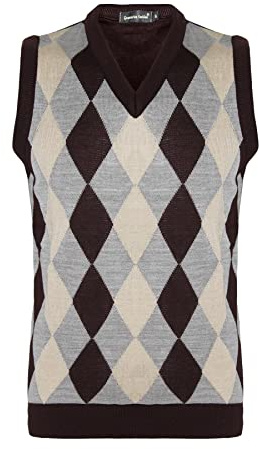 New Men Sleeveless Knitted V-Neck Argyle Pattern Jumper Top Sweater Vest with Ribbed Edge UK Size S M L XL[Brown Ston,S ]