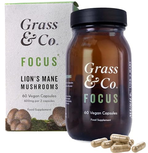 Grass & Co. Lions Mane Supplement Mushroom 600mg Capsules with Vitamin D, Vegan Omega 3, Vitamin B12 & Ginseng | Focus | Supports Cognitive Health | 60 Capsules, 30 Servings