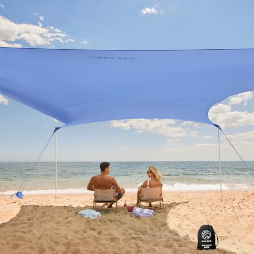 WEKAPO Strandtält solskydd – 9 x 25 cm strandbaldakin med 4 förlängda stolpar, stora sandsäckar och spade, 7 tum hög, strandsolskydd för familjesemester och camping, UPF 50+ skydd