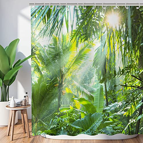 Hnmdmyi Duschvorhang Wald 180x200, Tropischer Dschungel Regenwald Grüne Palmen Baum Pflanze Natur Landschaft Szenerie Badewanne Vorhang Wasserdicht Polyester Stoff Waschbar Badevorhang mit Haken