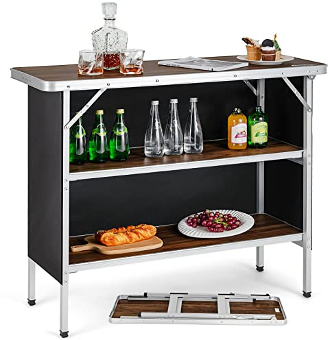 Goplus Folding Camping Table, Aluminum Portable Pop-Up Bar Table with 2-Tier Storage Shelves, Removable Cloth Cover, Foldable Camp Table for Picnic, Tailgate, Party, Travel, Outdoor
