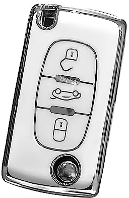 HIBEYO Klappschlüssel Autoschlüssel Hülle passt für Peugeot 207 407 308 607 Schlüsselhülle Silicone TPU Schutzhülle für Citroen C1 Picasso Berlingo C-Crosser Fernbedienung 3Tasten-Silber Weiß
