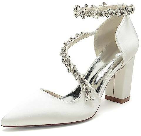 EICOFF Zapatos de Novia Boda Blanco Comodos Correa de Tobillo Zapatos de Vestir de Tacón Ancho Punta Aguda Tacones Altos para Boda Fiesta de Noche,Marfil,38 EU