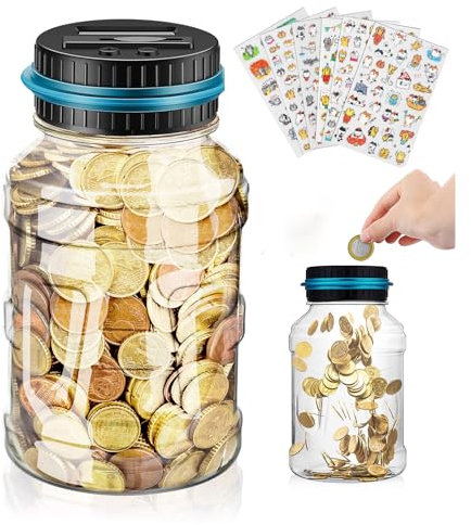 YUNYODA Spardose mit Zähler, Groß Digitale Sparbüchse mit Münzzähler und LCD Display, Transparente Sparschwein Mit Niedlichen Aufklebern für Kinder Jungen Mädchen und Erwachsene, 1,5L