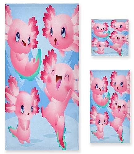 KAWAII BLANKET Axolotl Bathroom Bath Towel Set of 3, 1 Bath Towel 1 Hand Towel 1 Washcloth, Soft Elegant Bath Towel Decorative for Home Gym Beach Spa for Men Women Kids