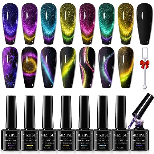 MIZHSE Cat Eye Gel Nail Polish Set with Magnetic Stick 8 Colours Magnetic Nail Polish Gel Chameleon 9D Cateye Gel Polish Varnish UV Lamp Manicure Home DIY