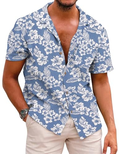 COOFANDY Hawaii-skjorta män kortärmad sommar framficka Hawaii-tryck fritid funky bomull Hawaii-skjorta strand linneskjorta, A-blått blommönster, L