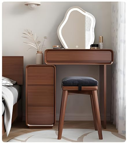 Set toeletta da Trucco, Tavolo da Toilette in Legno Massiccio Vintage con Specchio a LED e Sgabello, postazione Trucco con cassetti e armadietto di stoccaggio (Color : Walnut Color, Size : 60cm/24in