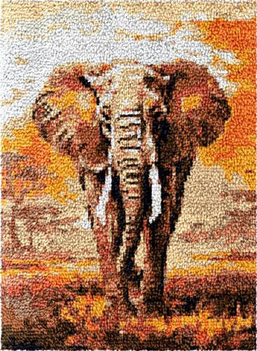 AMBATTERY Knüpfteppich Zum Selber Knüpfen Afrikanischer Savannen-Elefant DIY Knüpfhaken-Set Für Erwachsene，Kreuzstich-Set，Teppichherstellung，Kissen-Nadeln Für Anfänger 20x15in