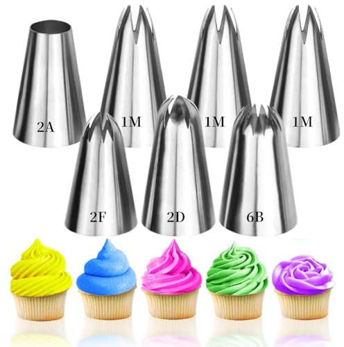 7 Stück Spritztüllen Set,Edelstahl Tüllen,Profi Spritztülle Groß Nahtlose Düsen,Nahtlose Blumen Torten Dekoration Werkzeuge,für Spritzsack Sahne Cupcake Kuchen Dekorieren
