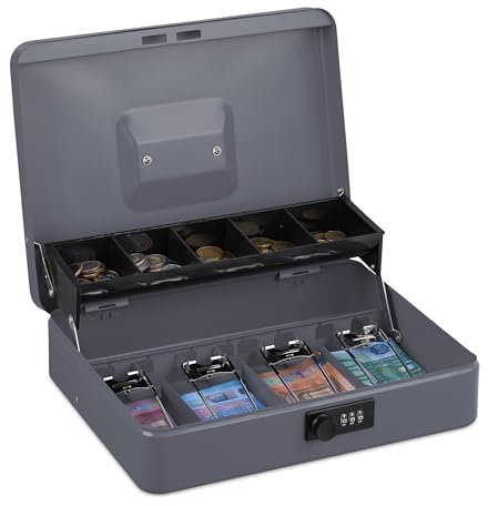 Relaxdays Caisse à Monnaie, Pratique, Combinaison à 3 Chiffres, pour Billets et pièces, verrouillable, Grise