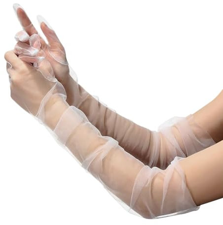 FSSTUD Lange Hochzeits-Netz-Handschuhe, durchscheinend, Opernparty, Abschlussball, Ellenbogenlänge, Handschuhe, Tanzkostüm, lange Tüll-Brauthandschuhe, weiß, length 70cm
