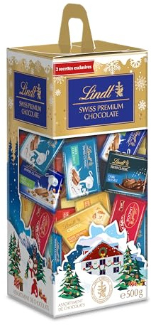 Lindt - Napolitains SWISS PREMIUM CHOCOLATE - Mix de Chocolats -Noisettes, éclats de Nougat, Blanc-éclats de Nougat, LINDOR, Noir Pointe de Sel, Noix de Coco - Idéal pour Noël, 500g