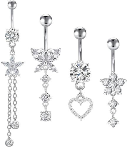 Fenglin-joy Piercing Ombligo para Mujer, 4 Piezas Anillos para el Ombligo 14G Chapado Barras de Vientre Piercing Ombligo Acero para Mujeres Niñas