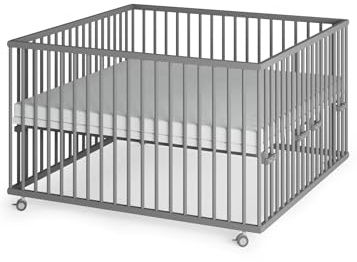 Sämann Laufstall Baby XXL 120x120 cm mit Matratze SleepPlus und 3 Schlupfsprossen | TÜV geprüft | stufenlos höhenverstellbar | Laufgitter Premium | Babybett aus Holz | Krabbelgitter grau