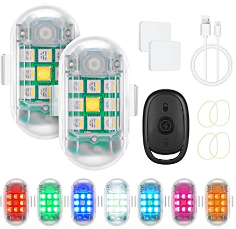 Ainiv Drone Strobe Light, 2pz 7 Colori Drone LED Luci Notturne | Segnalazione di Allarme, Luce di Avvertimento Anti-collisione, Ricarica USB Luci Flash per Moto, Auto RC, Barca RC, Drone