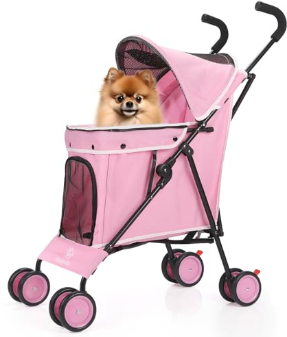 Passeggino 3 in 1 per cani e gatti di piccola taglia, passeggino pieghevole con manico regolabile, 4 ruote, tessuto a rete traspirante, grande capacità (rosa)