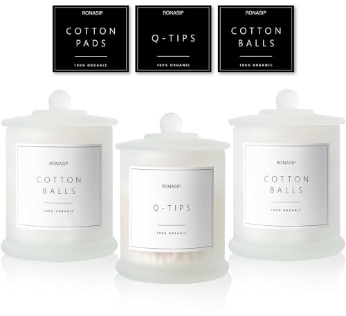 Ronasip 3 Pack Qtip Holder Dispenser, 16oz Bathroom Organizer and Storage Canisters, Glass Apothecary Jars with Lid - Home Decor, Room Decor Aesthetic (Frosted White)