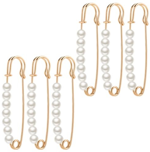 6 Stück Sicherheitsnadel Perlen-Broschennadeln Faux Perlen Brosche Taillenspanner Perlenbroschen Set Dekorative Nadeln Brosche für Damenkleidung Anzughosen Röcke Hosen (Gold)