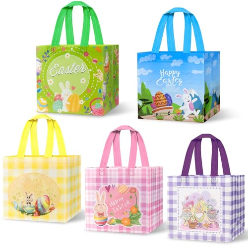 5 Stück Geschenktüten Ostern, Isisyu 5 Designs Ostertüten Zum Befüllen mit Griffen, Wiederverwendbare Non-Woven Ostertaschen Ostern Geschenktaschen für Kinder Oster Party Geschenke Verpacken