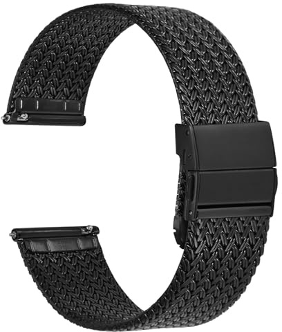 WOCCI 22mm Elite Uhrenarmband aus Metall für Damen und Herren, Gewebtes Mesh Armband, 316L Edelstahl, Schnellverschluss, Verbesserte Faltschließe (Schwarz)