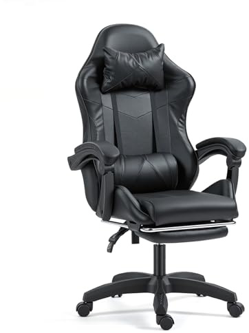 Panana Gaming Racing Desk Chair Adjustable Seat Hight Swivel Reclining Chair with Lumbar and Head Pillow Footrest (Black)