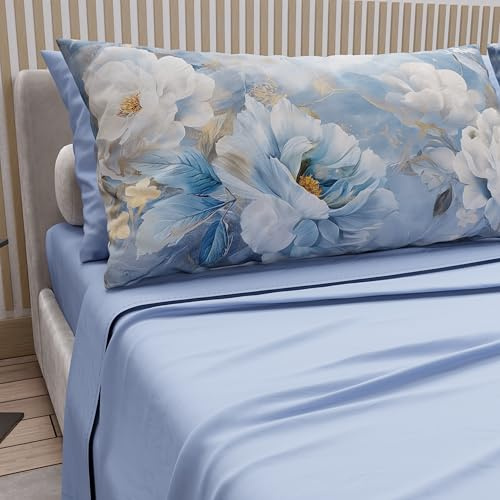 PETTI Artigiani Italiani - Lenzuola Matrimoniali Cotone con Federe in Stampa Digitale, Lenzuolo Completo Letto Matrimoniale Fantasia Floreale 13 Azzurro, 100% Made in Italy