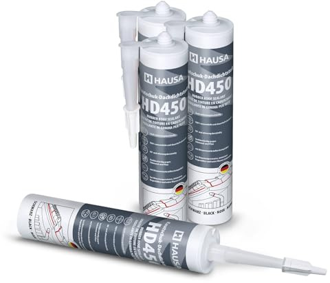 Hausa Kautschuk Dachdichtstoff HD450 Schwarz 4x 300ml dauerelastische Dichmasse & Kleber für Dach Dachrinnen Trapezblech Dachfolien Dachbahnen, wetterfest, kompatibel mit Bitumenwerkstoffen