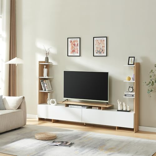 [en.casa] Meuble TV Support Télé avec Étagères Latérales 2 Portes et Compartiments de Rangement Ouverts Scandinave Salon Chambre Stable Élégant Moderne MDF 233 x 31 x 141 cm Blanc Effet Chêne