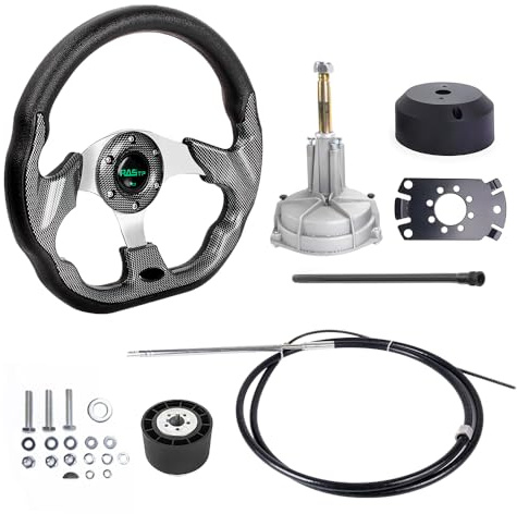 RASTP 10FT Boat Steering System, 10FT Outboard Steering Kit with 3/4 Tapered Shaft with 12.7 Inch Steering Wheel for Yachts, Fishing Boats & Watercraft
