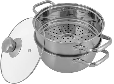 Vaporera de acero inoxidable de 2 niveles, con 20 cm de diámetro, tapa visual y pinzas anticombustión, olla de acero inoxidable para inducción, cocina de gas y todo tipo de fuegos, color plateado