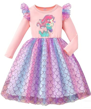 JiAmy Toddler Girls Dresses Mermaids Printed Ruffle Long Sleeve Kids Party Colorful Tulle Birthday Dress Round Neck for 4 Years, Pink