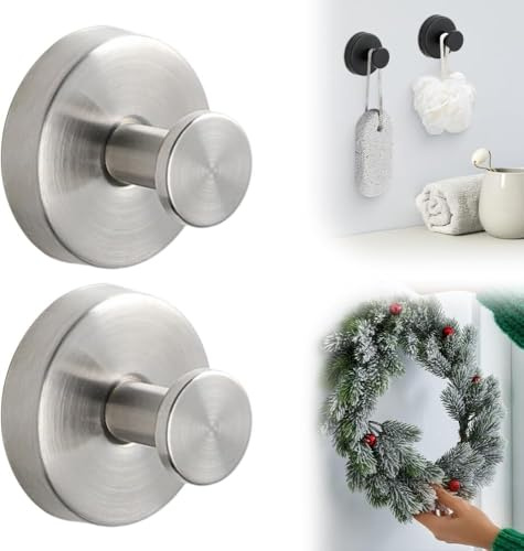 Stainless Steel Suction Cup Hooks for Shower Waterproof, No Drill Stainless Steel Towel Hooks for Shower, Bathroom, Hanging Towels, Mounting on Glass Shower Doors, Tile, Mirrors (Silver-2PCS)